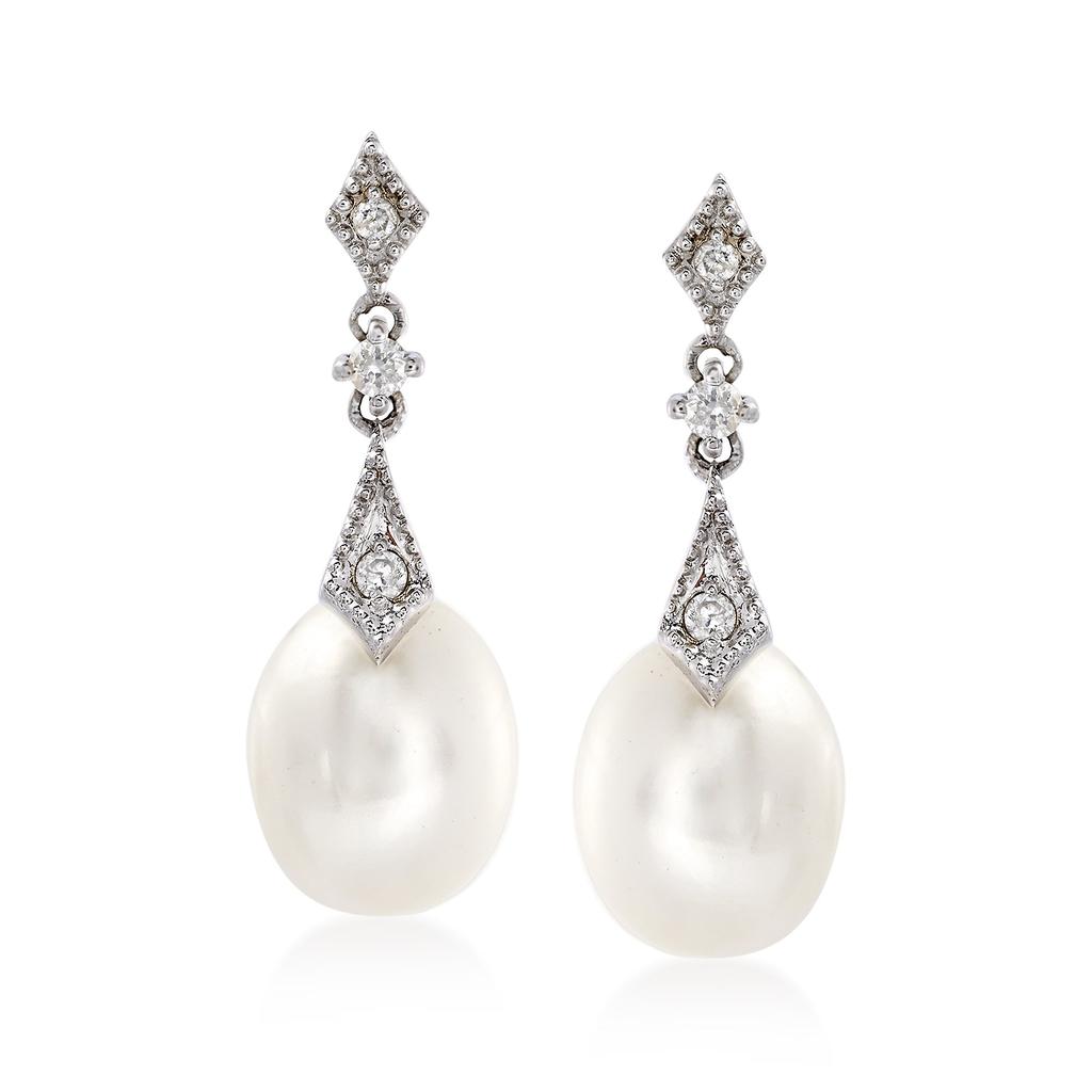 Ross-Simons 8mm Cultured Pearl and . Diamond Drop Earrings in 14kt White Gold商品第1张图片规格展示