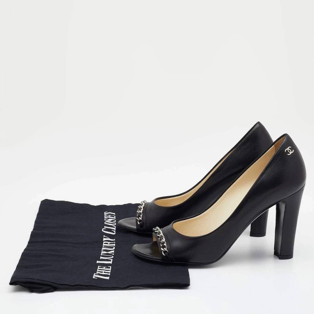 Chanel Black Leather CC Chain Link Detail Open Toe Pumps Size 37 商品