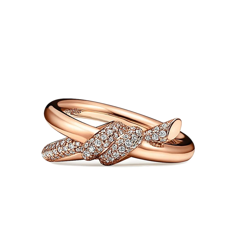 商品Tiffany & Co.|  Tiffany & Co./蒂芙尼 22春夏新款 Knot系列 18K金 玫瑰金色 镶钻绳结双行戒指GRP11994,价格¥53161,第1张图片