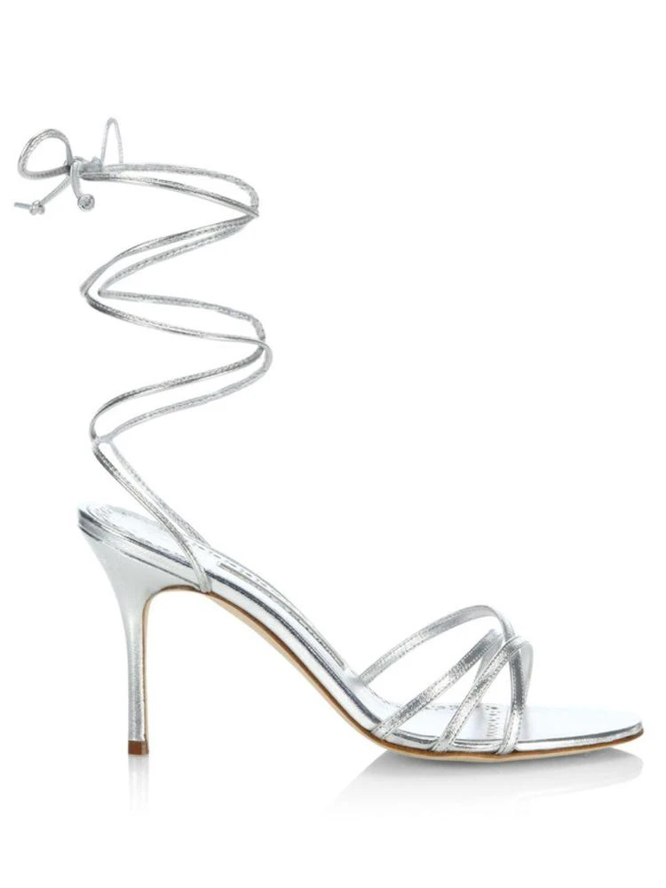 商品Manolo Blahnik|Leva 90 Metallic Leather Ankle-Wrap Sandals,价格¥2852,第5张图片详细描述