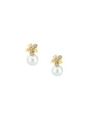 商品Effy|14K Yellow Gold, 9MM Freshwater Pearl & Diamond Drop Earrings,价格¥6105,第1张图片
