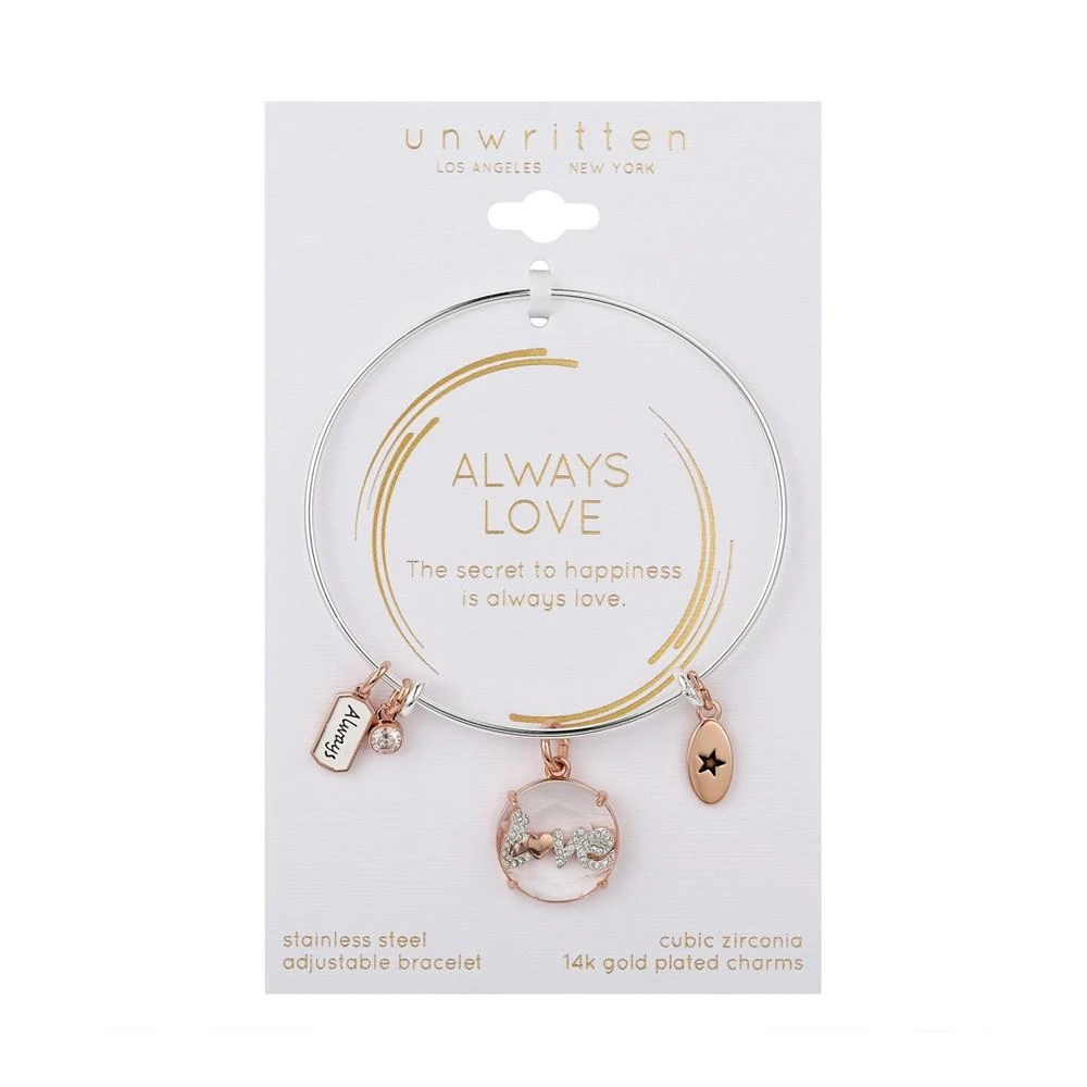 商品Unwritten|Stainless Steel Bangle with 14K Rose Gold Flash-Plated Brass Cubic Zirconia "Love Always" Charms,价格¥376,第2张图片详细描述