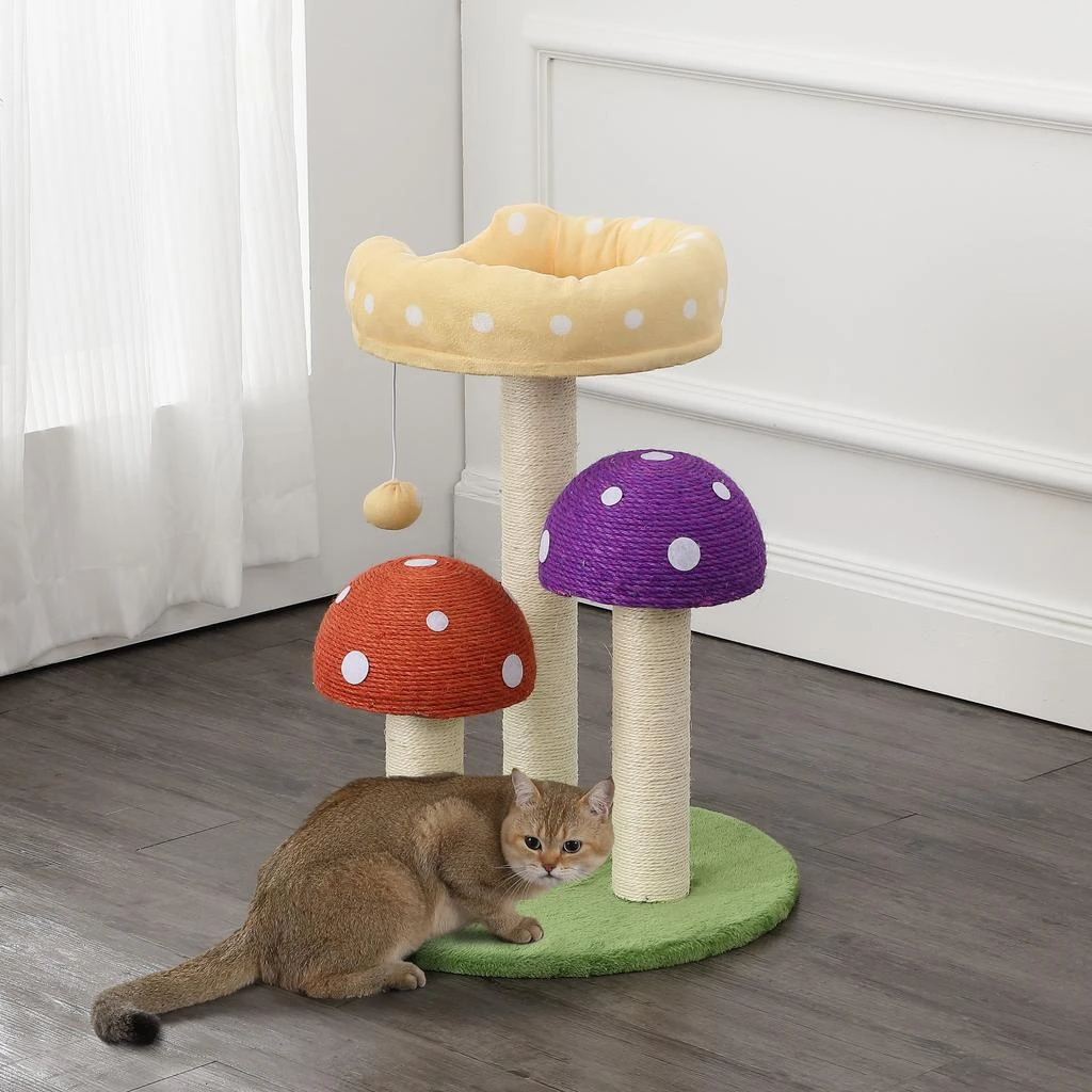 商品THE LICKER STORE|Pixie 22.5" 3-Tier Cottage Sisal Mushroom Cat Tree with Scratching Posts, Napping Perch, and Dangling Bell Toy, Multi,价格¥856,第1张图片