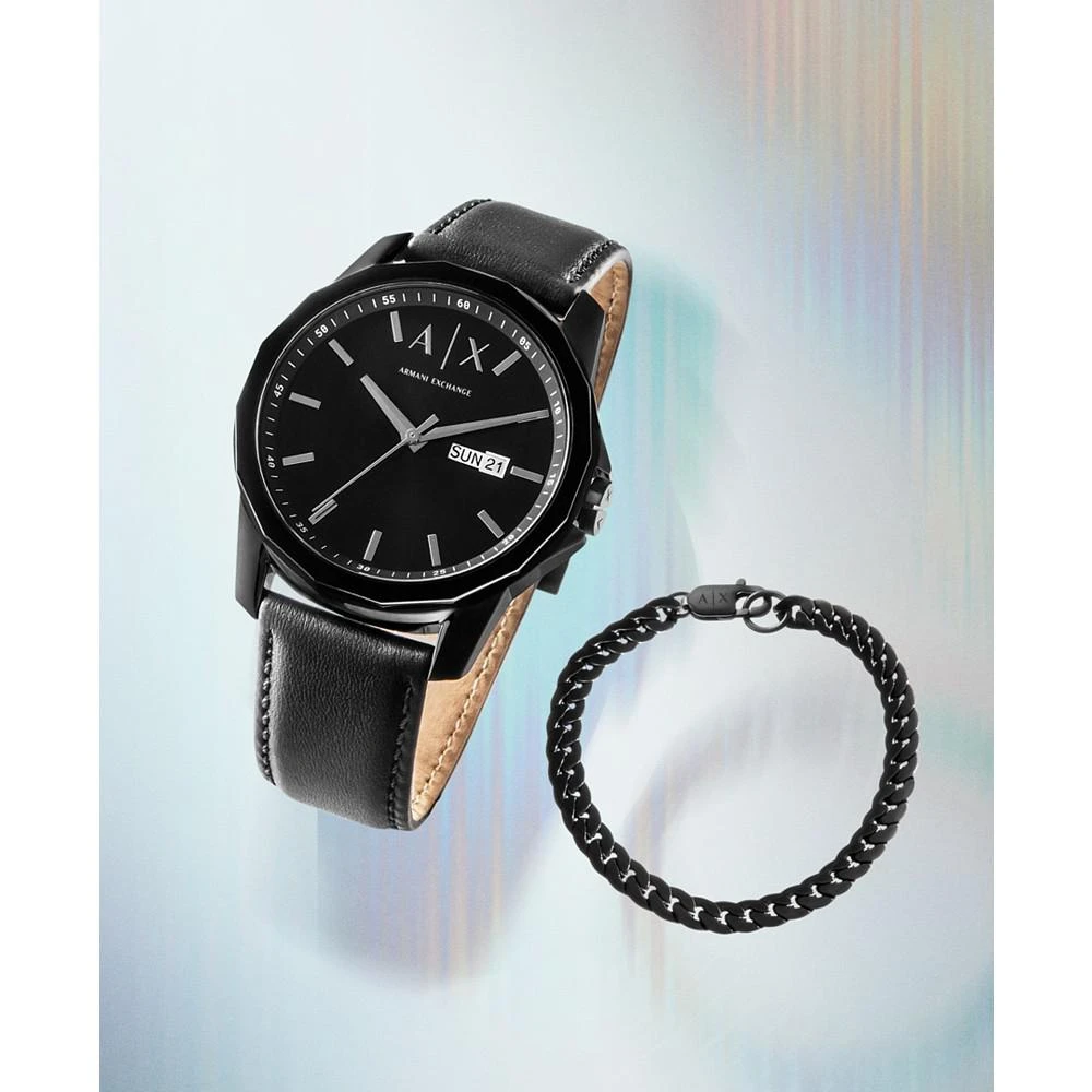 商品Armani Exchange|Men's Three-Hand Day-Date Quartz Black Leather Watch 44mm and Black Stainless Steel Bracelet Set,价格¥1002,第5张图片详细描述