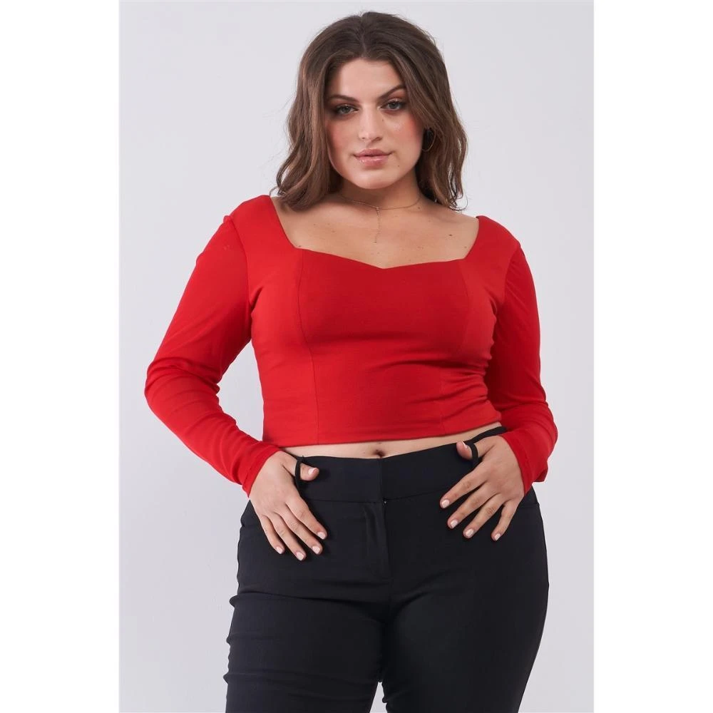 商品FASHNZFAB|Plus Size Crimson Red Long Mesh Sleeve Sweetheart Neck Detail Structured Crop Top,价格¥137,第1张图片