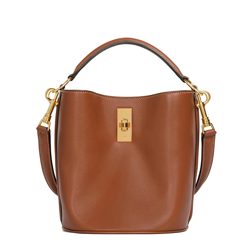 商品Celine|CELINE/赛琳   SEAU 16 TEEN系列 女士黄褐色小牛皮金扣单肩手提水桶包,价格¥17170,第1张图片