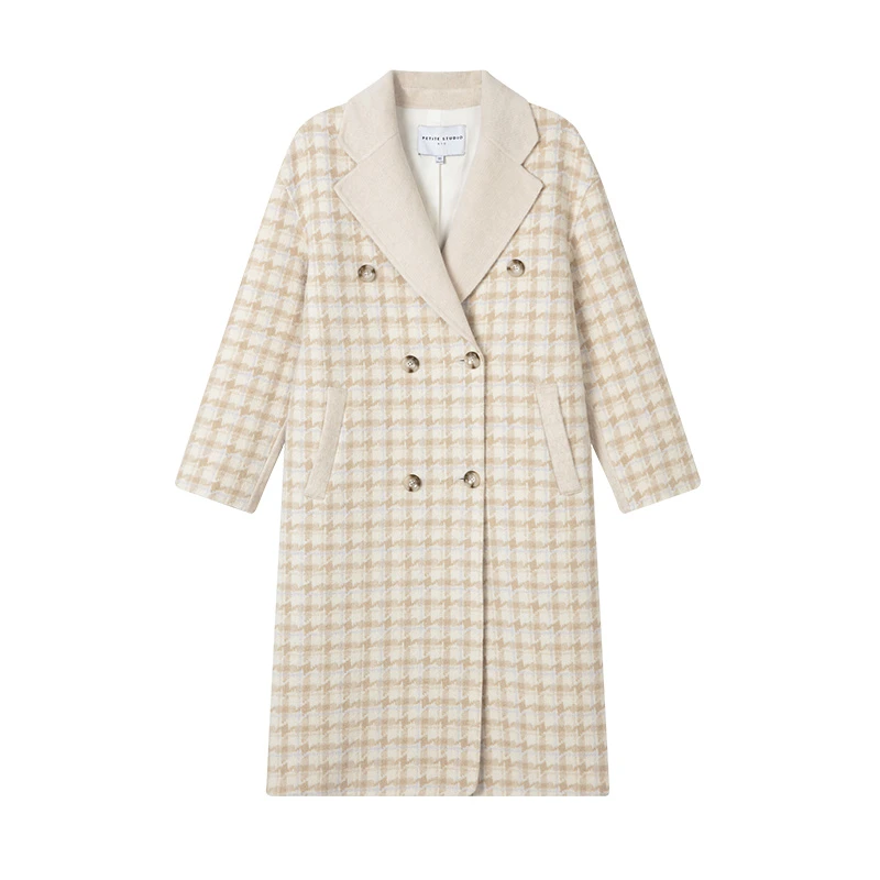 Teagan米白千鸟格摩登双排扣法式百搭羊毛大衣 | Teagan Wool Coat - Plaid 商品