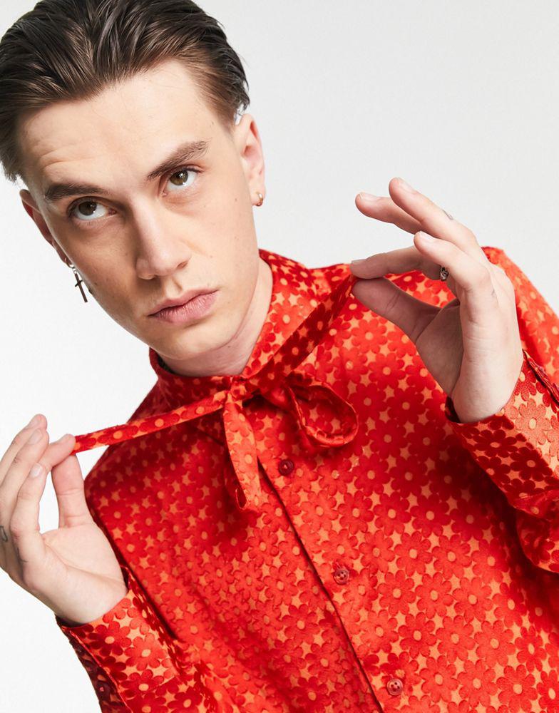 ASOS DESIGN regular shirt with pussybow tie neck in floral devore商品第1张图片规格展示