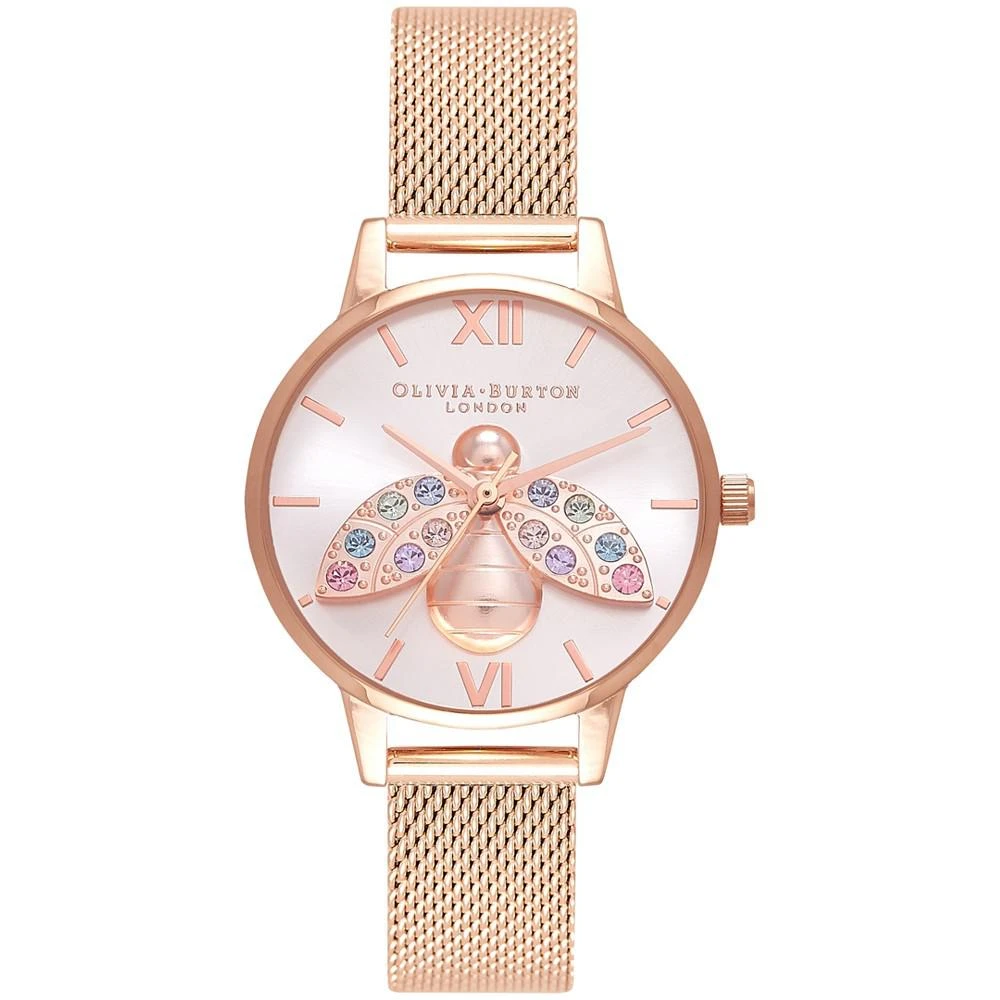 商品Olivia Burton|Women's Rainbow Bee Rose Gold-Tone Stainless Steel Mesh Bracelet Watch 30mm,价格¥1460,第1张图片