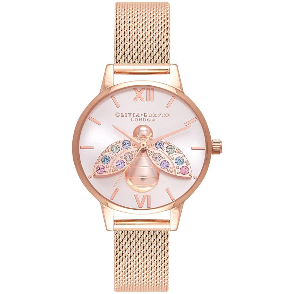 商品Olivia Burton|Women's Rainbow Bee Rose Gold-Tone Stainless Steel Mesh Bracelet Watch 30mm,价格¥1073,第1张图片