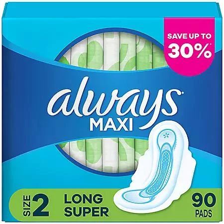 商品Always|Always Maxi Long Super Pads, Unscented, Size 2, 90 ct.,价格¥117,第1张图片