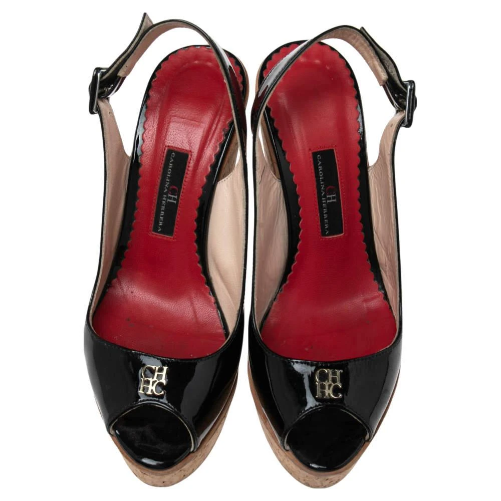 商品[二手商品] Carolina Herrera|CH Carolina Herrera Black Patent Leather Cork Wedge Platform Slingback Sandals Size 37,价格¥1099,第3张图片详细描述