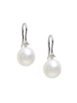 14K White Gold, 10-11MM Round Freshwater Pearl & Diamond Drop Earrings商品第1张图片规格展示