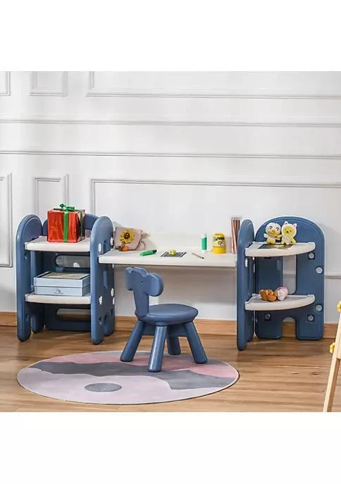 商品Qaba|Kids Table And Chair Set Activity Desk With Bookshelf And Storage For Study Activities Arts Or Crafts Blue And White,价格¥457,第3张图片详细描述
