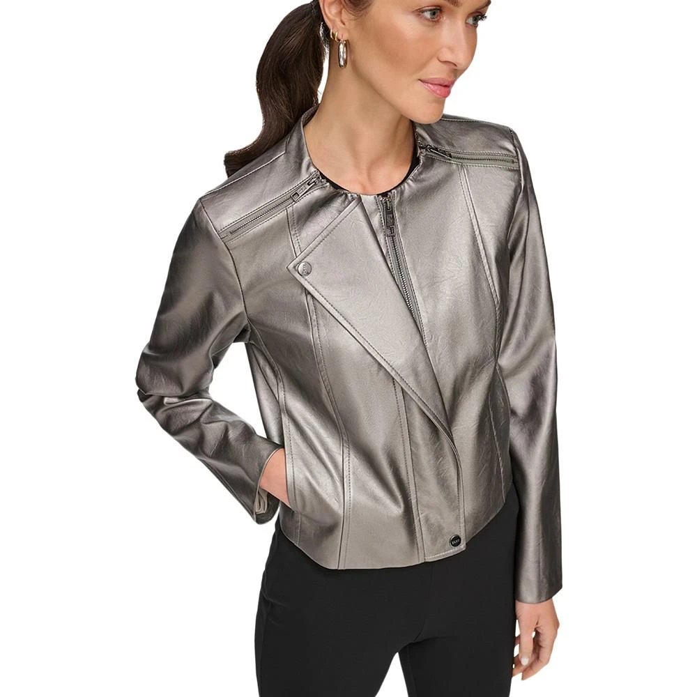 商品DKNY|Women's Faux-Leather Gunmetal Moto Jacket,价格¥714,第4张图片详细描述