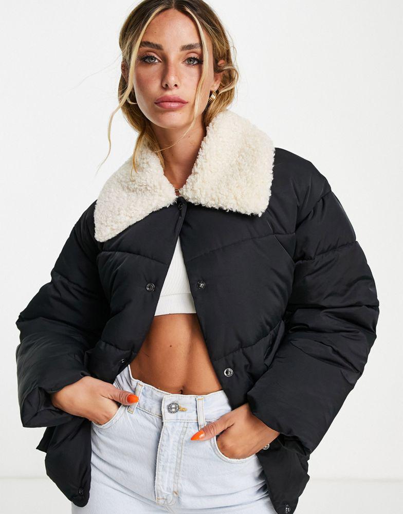 Topshop mid length puffer jacket with borg collar in black商品第1张图片规格展示