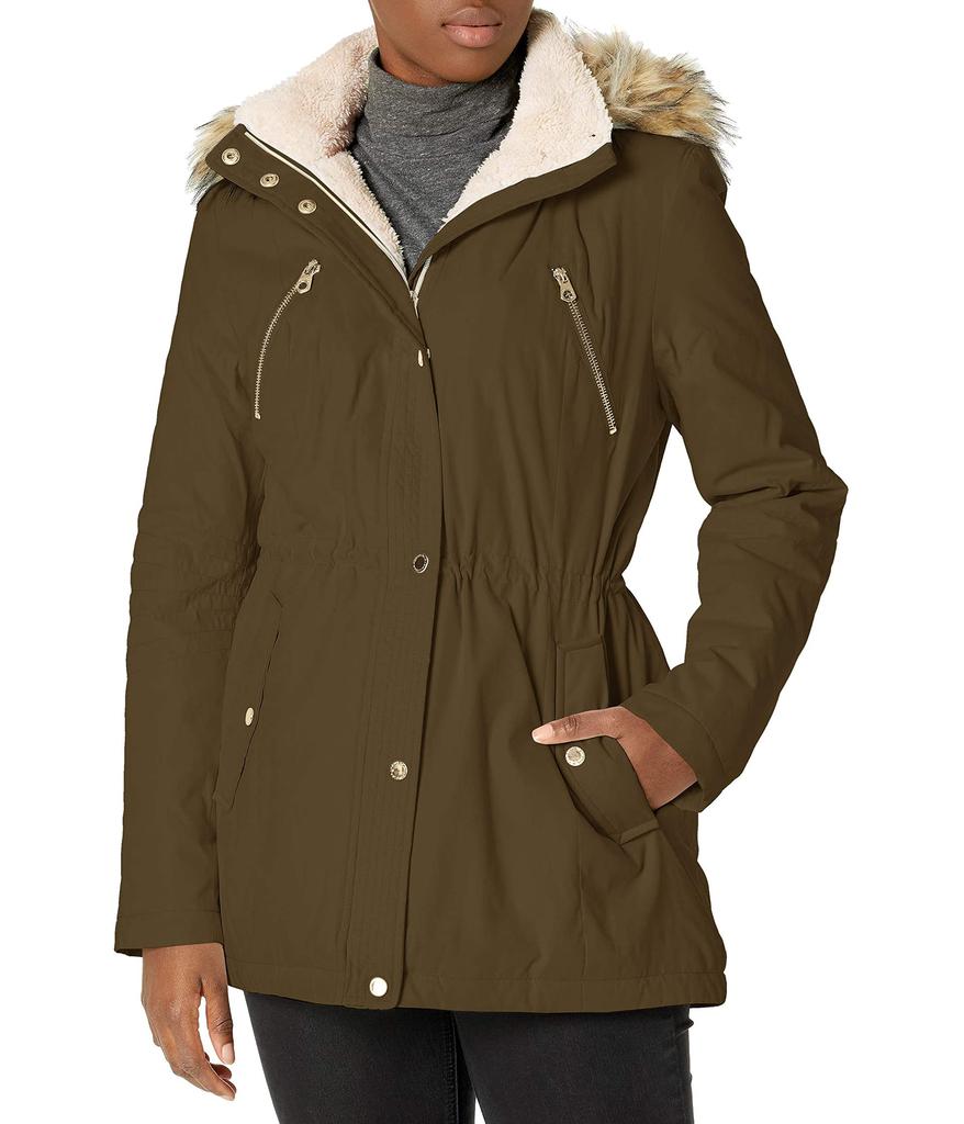 Women's Microfiber Parka Anorak Jacket with Faux Fur Hooded Trim商品第1张图片规格展示