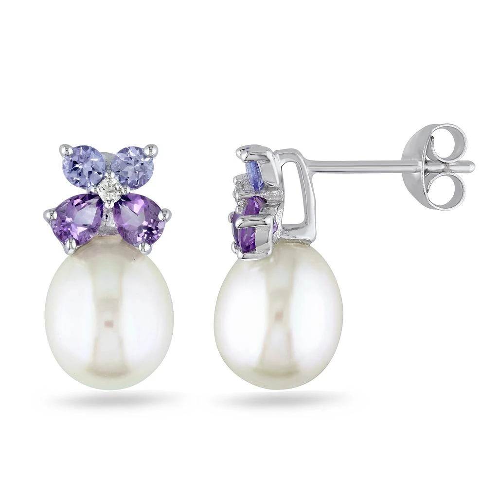 商品Mimi & Max|Mimi & Max 8-8.5 mm White Cultured Freshwater Pearl, Diamond, Tanzanite and Amethyst Stud Earrings in Sterling Silver,价格¥460,第1张图片