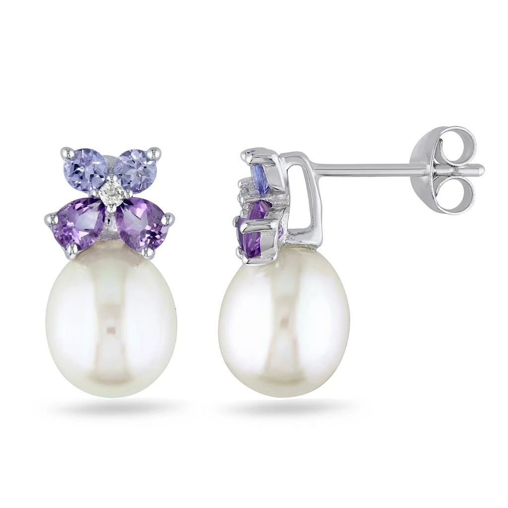 商品Mimi & Max|8-8.5 mm White Cultured Freshwater Pearl, Diamond, Tanzanite and Amethyst Stud Earrings in Sterling Silver,价格¥612,第1张图片