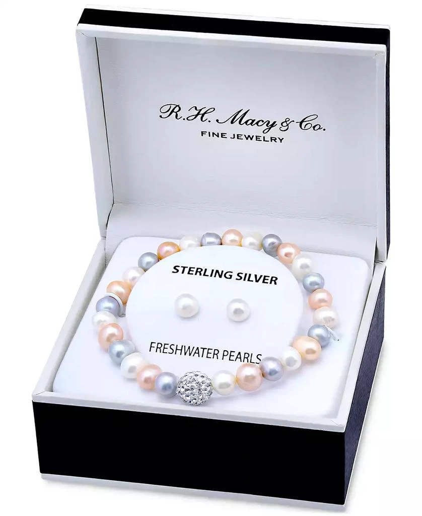 商品Macy's|2-Pc. Set Multicolor Cultured Freshwater Pearl (7mm) & Crystal Bracelet & Complementing White Cultured Freshwater Pearl (7mm) Stud Earrings in Sterling Silver (Also in All-White Cultured Freshwater Pearl), Created for Macy's,价格¥185,第2张图片详细描述