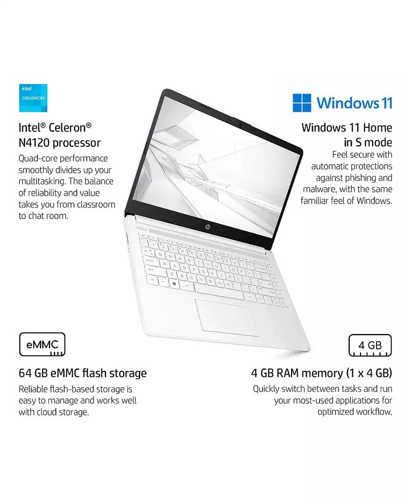 商品HP|14" Laptop, Intel Celeron N4120, 4GB DDR4 RAM, 64GB eMMC, Wi-Fi 5, Windows 11 Home, White,价格¥1506,第2张图片详细描述