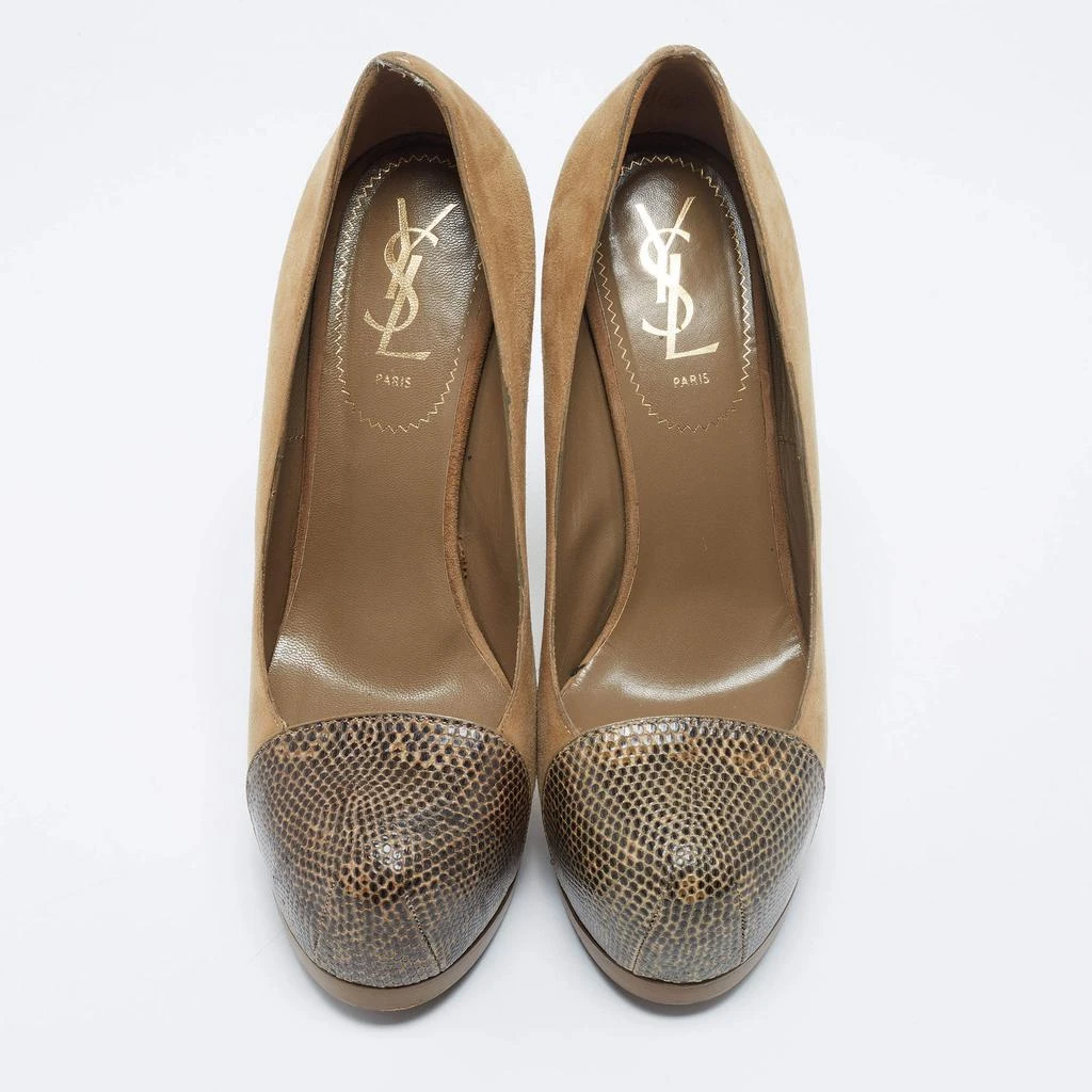 商品[二手商品] Yves Saint Laurent|Saint Laurent Brown/Yellow Suede And Lizard Embossed Tribtoo  Pumps Size 38,价格¥884,第3张图片详细描述