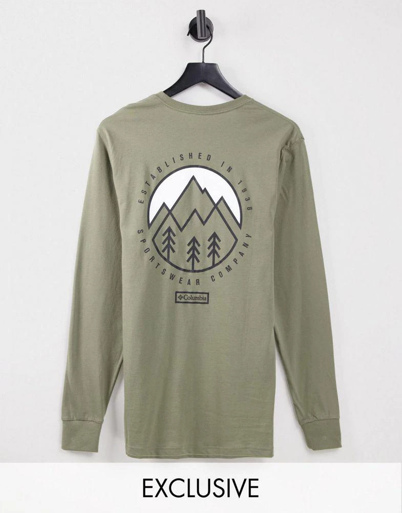 商品Columbia|Columbia Cades Cove long sleeve back print t-shirt in green Exclusive at ASOS,价格¥164,第1张图片