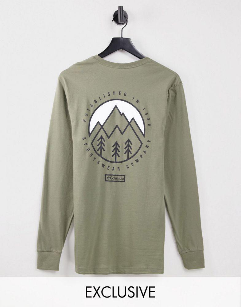 商品Columbia|Columbia Cades Cove long sleeve back print t-shirt in green Exclusive at ASOS,价格¥147,第1张图片