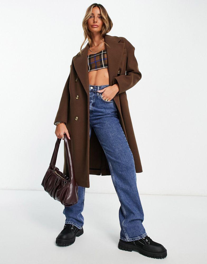 Topshop double breasted long coat in chocolate商品第1张图片规格展示