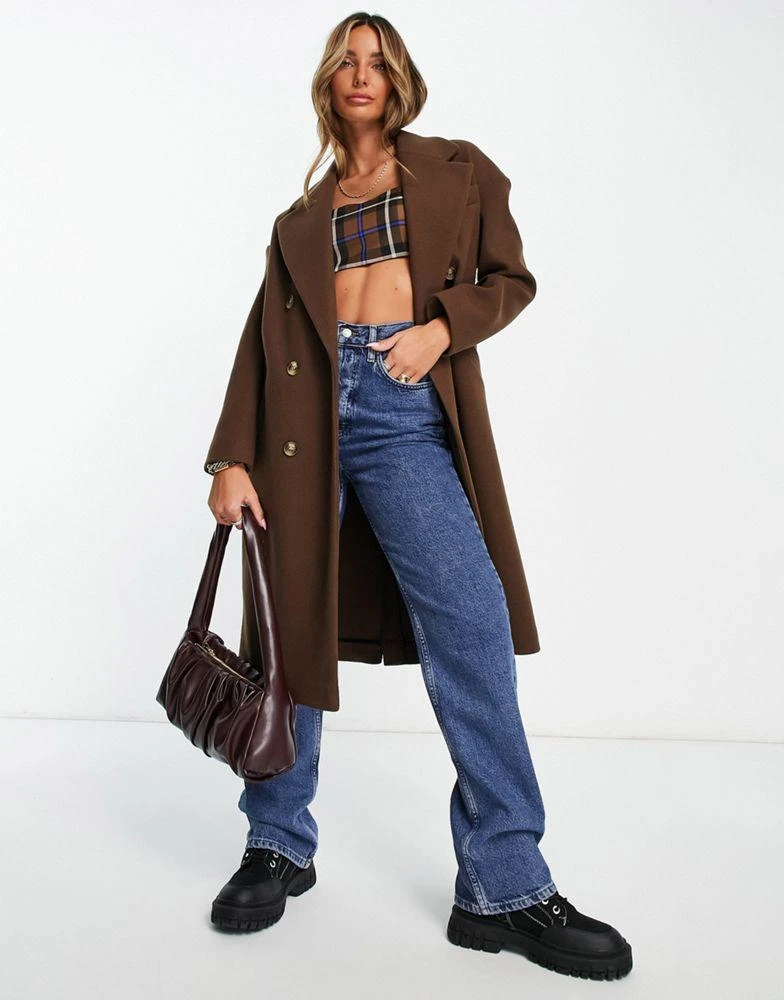 商品Topshop|Topshop double breasted long coat in chocolate,价格¥513,第1张图片