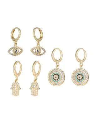 商品Eye Candy LA|Luxe Hamsa 3-Pair 18K Goldplated & Crystal Huggie Drop Earrings Set,价格¥834,第1张图片