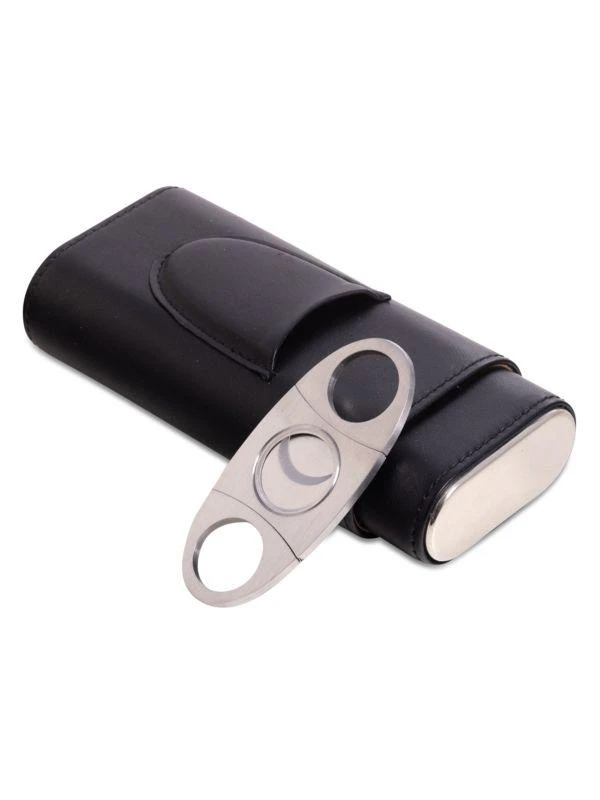 商品Bey-Berk|2-Piece Leather Cigar Holder & Stainless Steel Cutter Set,价格¥498,第1张图片