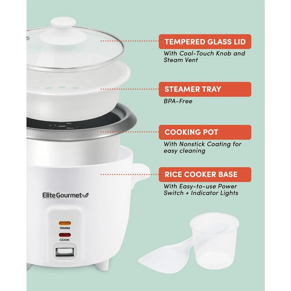 商品Elite Gourmet|6-Cup Nonstick Rice Cooker with Glass Lid,价格¥269,第4张图片详细描述