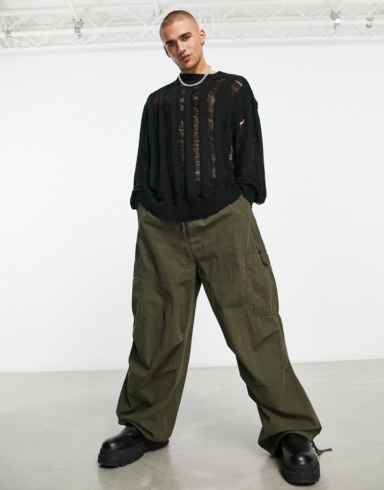 ASOS DESIGN oversized knitted jumper with laddering detail in black商品第4张图片规格展示