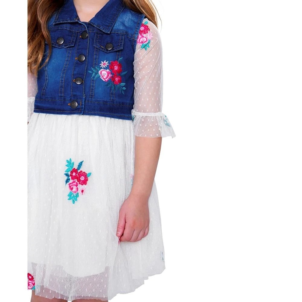 商品Rare Editions|Little Girls Denim Vest to Embroidered Mesh Dress,价格¥216,第2张图片详细描述
