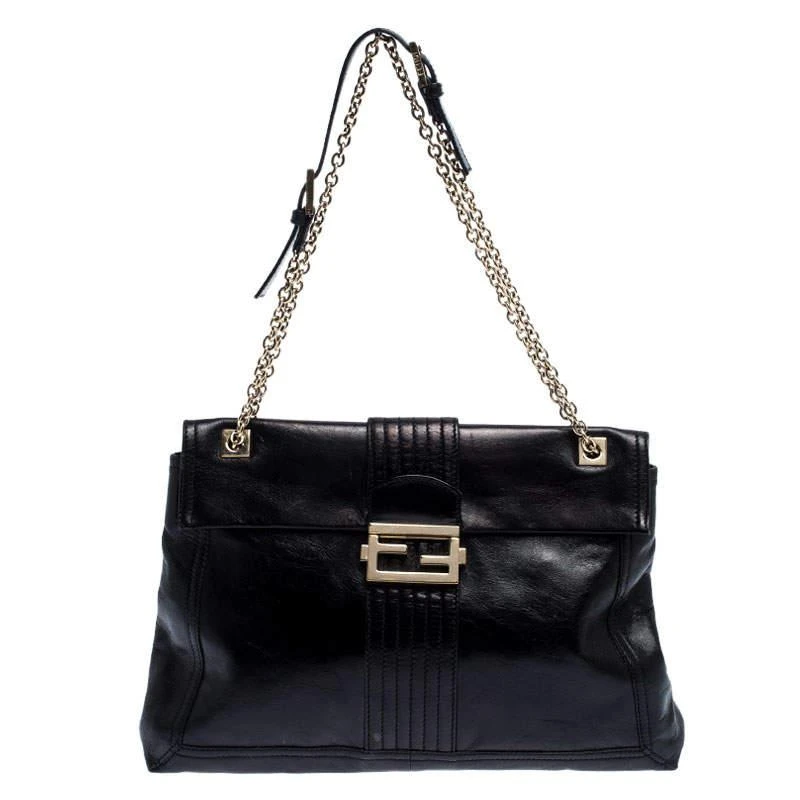 商品[二手商品] Fendi|Fendi Black Leather Maxi Baguette Flap Shoulder Bag,价格¥6563,第1张图片