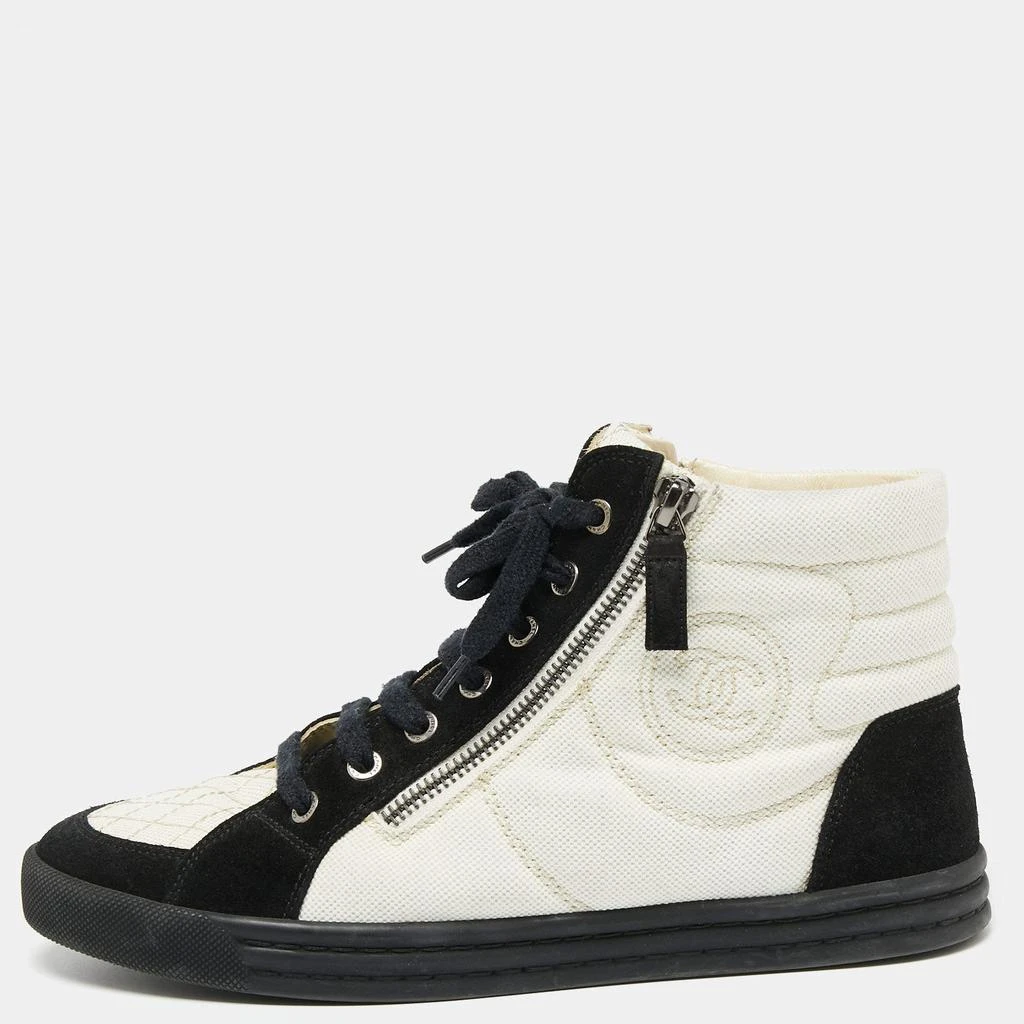 商品[二手商品] Chanel|Chanel Black/White Canvas and Suede CC High Top Sneakers Size 38,价格¥4208,第1张图片