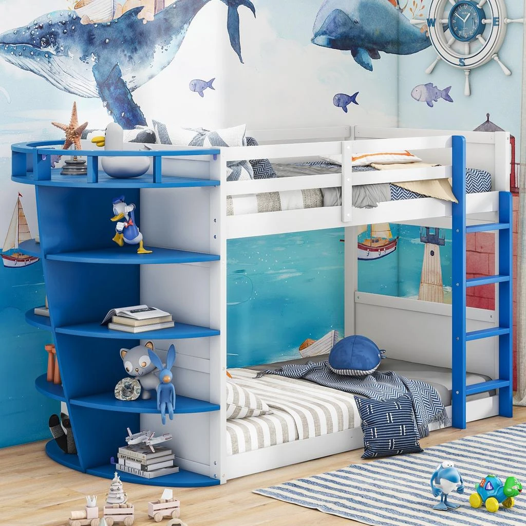 商品Simplie Fun|Twin over Twin Boat-Like Shape Bunk Bed with Storage Shelves,价格¥4199,第1张图片