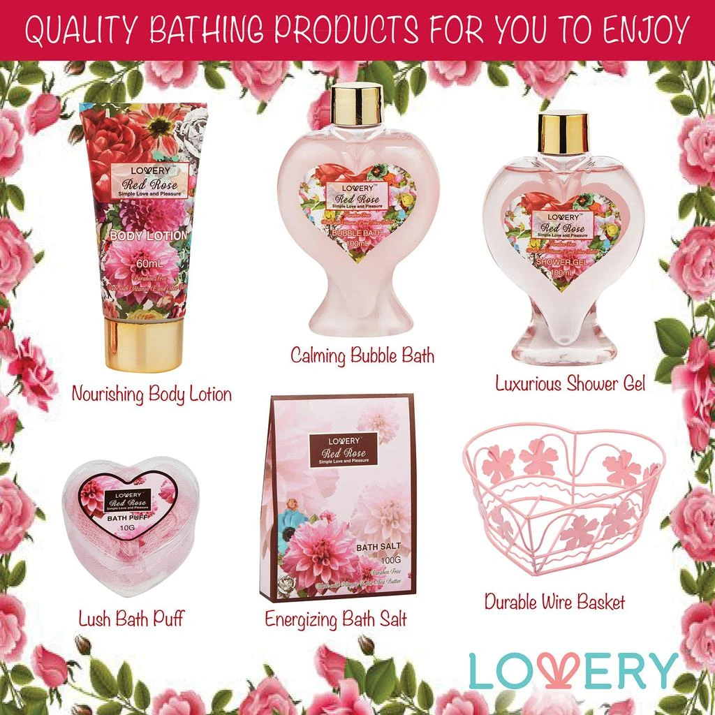 商品Lovery|Red Rose Self Care Gift Basket 6-Piece Set,价格¥227,第2张图片详细描述