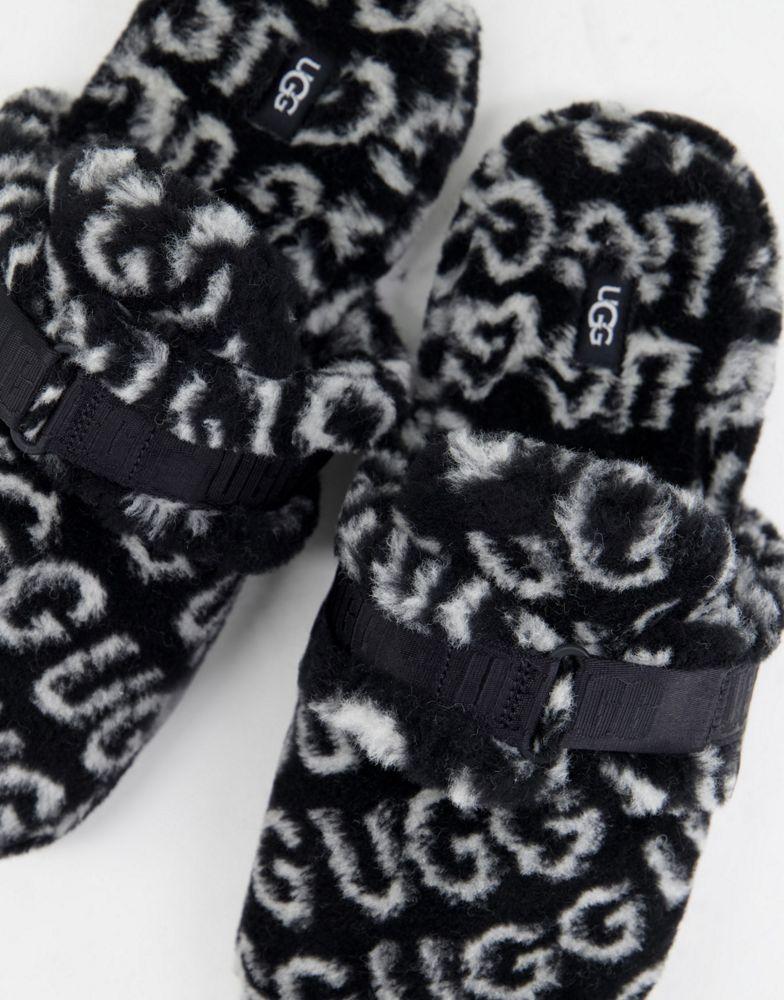 UGG fluff it pop sheepskin slippers in all over logo print black商品第4张图片规格展示