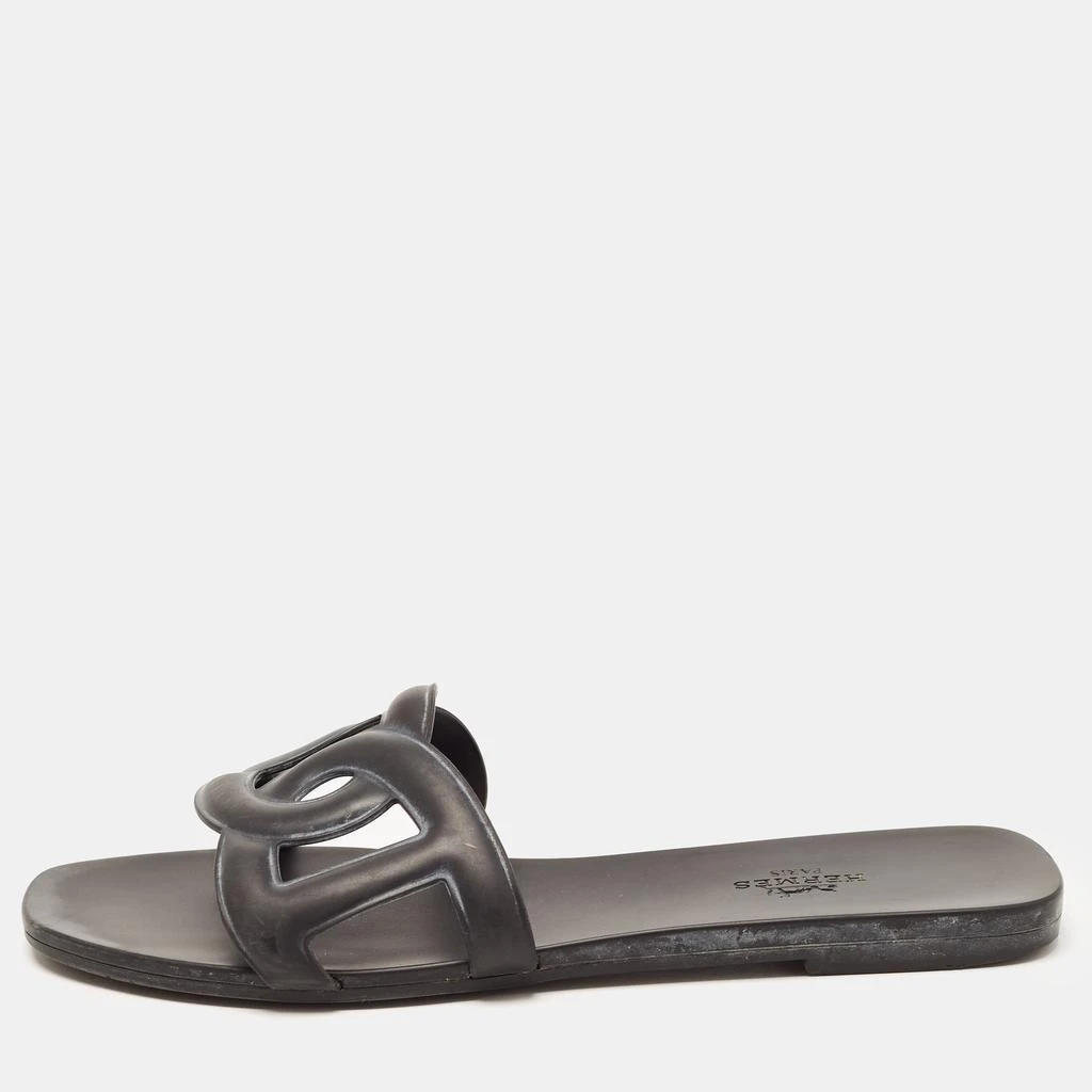 商品[二手商品] Hermes|Hermes Black Rubber Aloha Flat Slides Size 37  ,价格¥3006,第1张图片