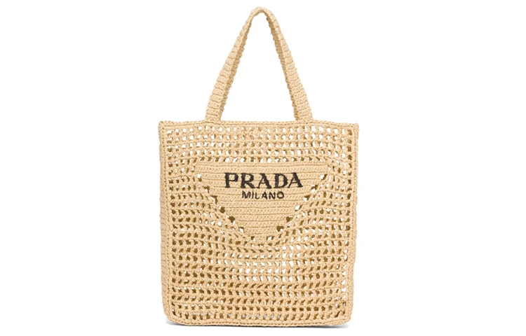 商品[国内直发] Prada|普拉达 三角形徽标刺绣Logo编织镂空 拉菲草 托特包Tote包购物袋单肩手提包 女款 沙漠黄,价格¥17205,第1张图片