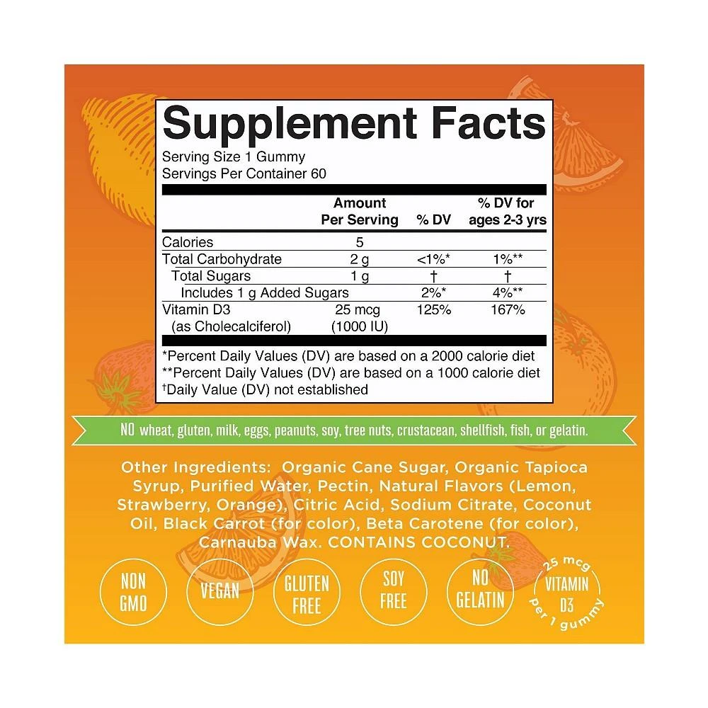 商品MaryRuth Organics|Vitamin D3 Gummies, Strawberry, Org, 60 ct,价格¥187,第2张图片详细描述
