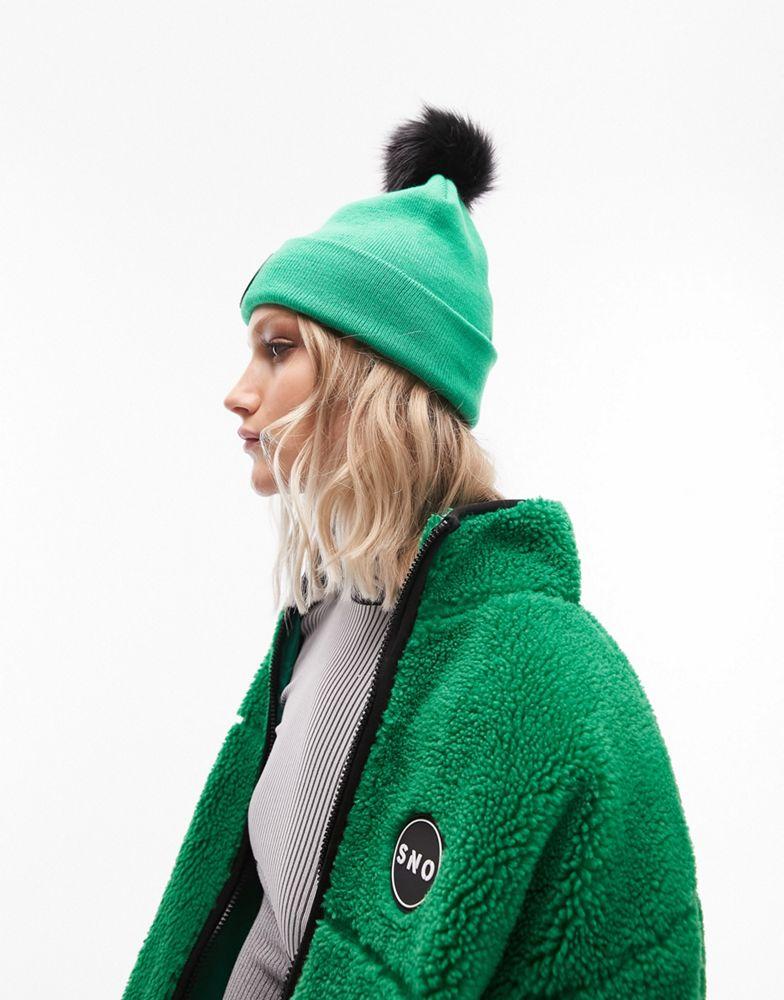 Topshop Ski fur pom beanie in green商品第4张图片规格展示