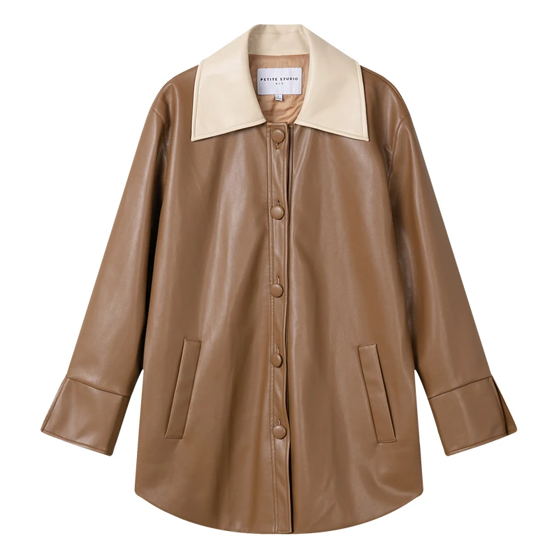 Sienna摩卡棕翻领拼色结构感纯素皮革外套 | Sienna Vegan Leather Jacket - Mocha 商品