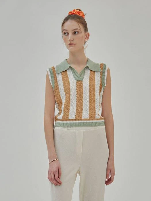 商品RAIVE|Open-collar Stripe Knit Vest in Beige VK2SV130-91,价格¥1111,第2张图片详细描述