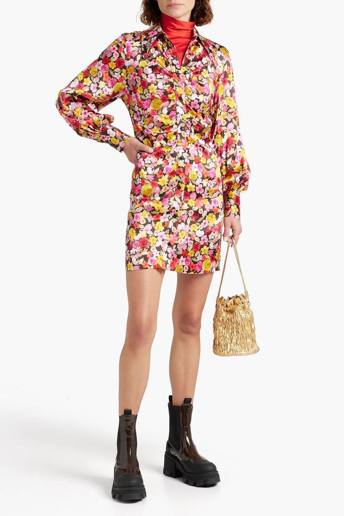 Ruched floral-print organic silk-satin mini shirt dress商品第2张图片规格展示