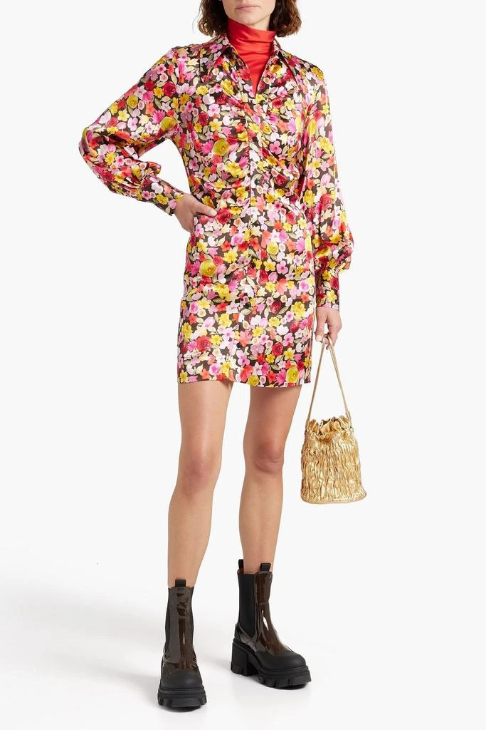 商品Ganni|Ruched floral-print silk-blend satin mini shirt dress,价格¥1230,第2张图片详细描述