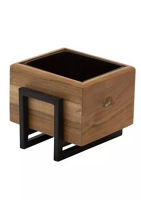 商品Duna Range|Range Square Wooden Planter With Metal Base And Grain Details Set Of 2 Brown,价格¥838,第3张图片详细描述