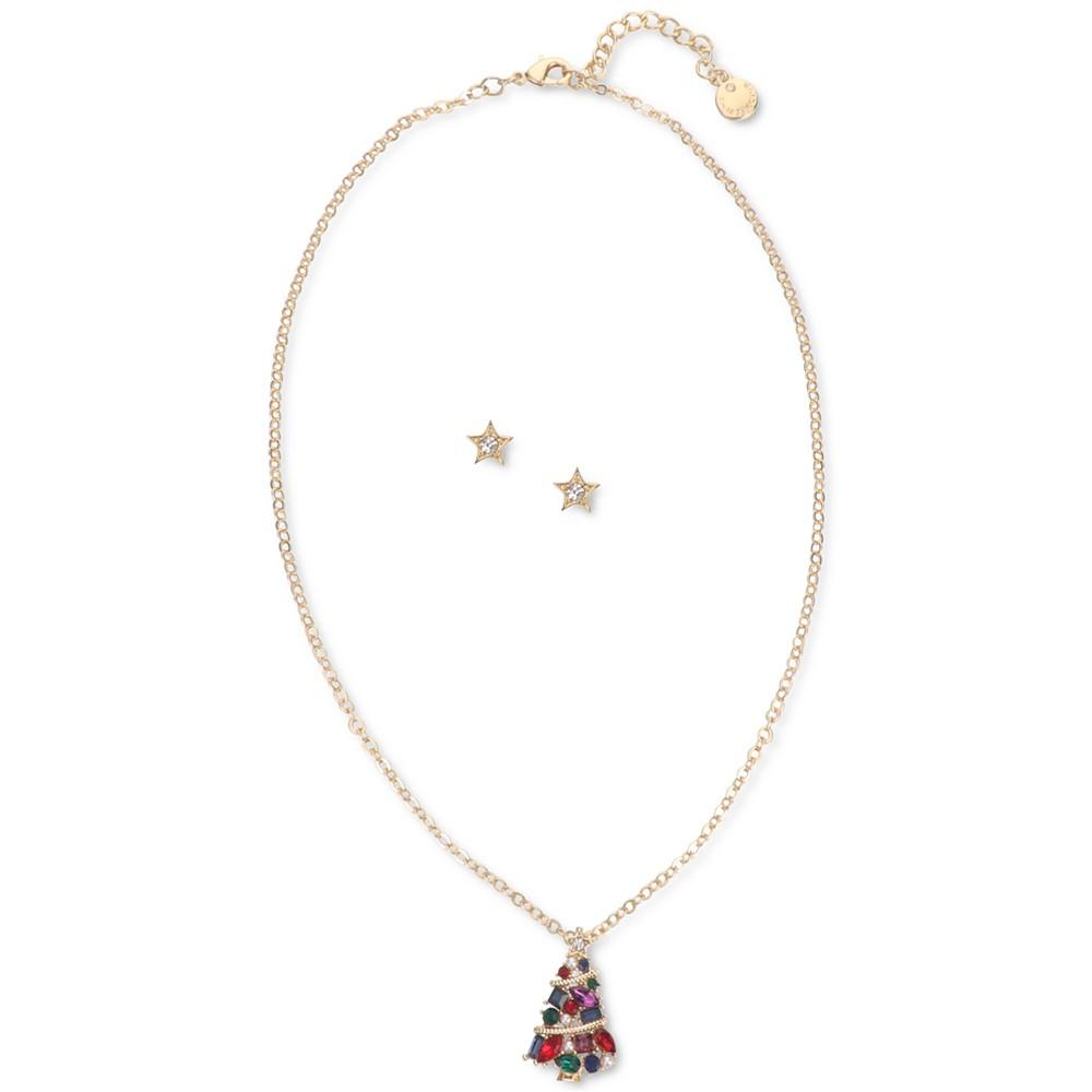 Gold-Tone Multicolor Crystal & Imitation Pearl Tree Pendant Necklace & Star Stud Earrings Set, Created for Macy's商品第1张图片规格展示